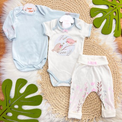  CONJ. DE MALHA 3 PEÇAS - Passarinhos - Off White e Azul Bebê